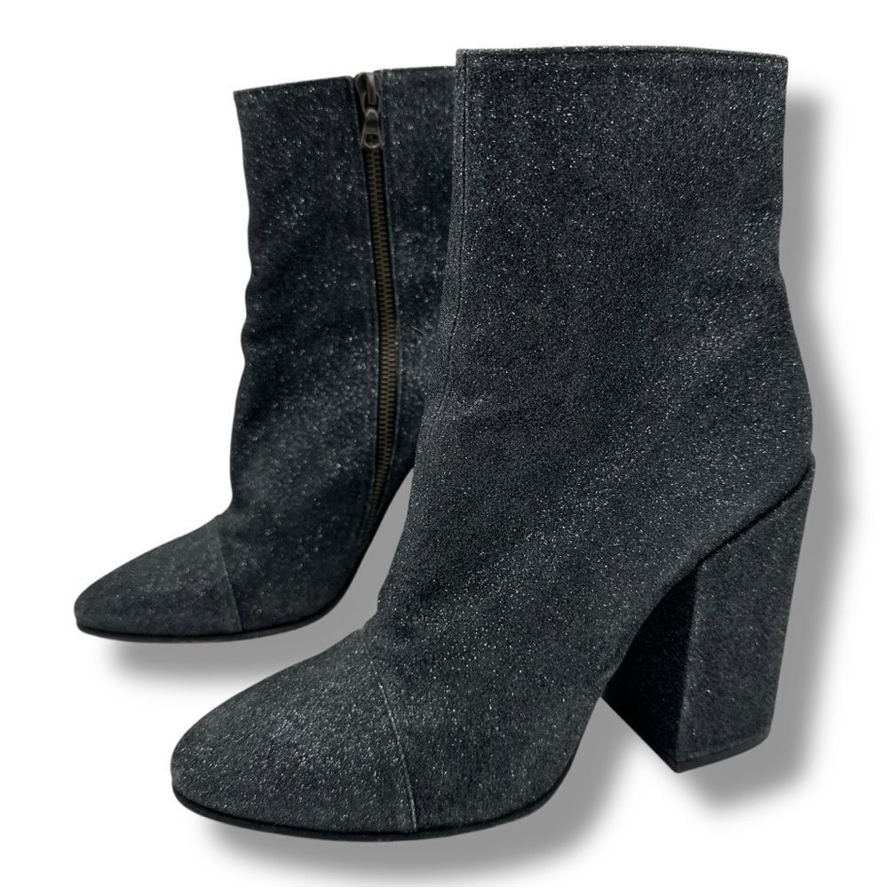 Dries Van Noten Black Glitter Block Heel‎ Side-zip Designer Bootie Boots Sz 9.5